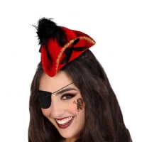 Serre-tête chapeau mini de pirate rouge avec plume noire