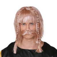 Perruque blonde avec tresses et moustache