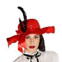 Chapeau cloche rouge avec plume noire - 56 cm