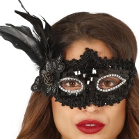 Masque décoré avec plume et fleur noir