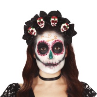 Serre-tête avec crânes et roses noires de Catrina