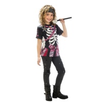 T-shirt déguisement squelette rockeur rose enfant