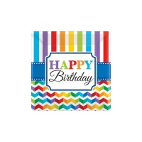 Assiettes carrées Happy Birthday Rainbow 18 cm - 8 pièces