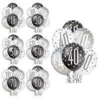 Ballons en latex anniversaire argent, noir et blanc 30 cm - Qualatex - 6 unités