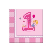 Serviettes pour le premier anniversaire d'une fille de 16,5 x 16,5 cm - 20 unités