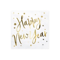 Serviettes Happy New Year blanches de 16,5 x 16,5 cm - 20 unités