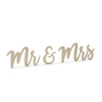 Enseigne en bois Mr and Mrs dorée avec paillettes - 50 x 10 cm