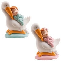 Figurine pour gâteau de baptême cigogne avec bébé endormi - 10 cm