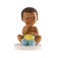 Figure pour gâteau de baptême avec bébé brun et ballon - 10 cm