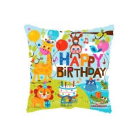 Ballon carré anniversaire avec animaux de la jungle de 46 cm - Kaleidoscope