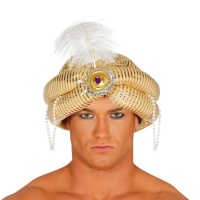 Turban maraja doré avec plumes et perles