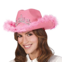 Chapeau de cow-girl rose avec plumes et couronne argentée