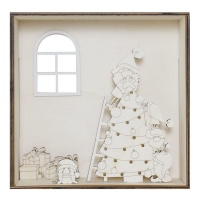 Figure en bois de scène de Noël avec arbre et gnomes sur cadre 25 x 7,5 cm - Artis Décor