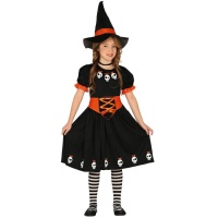 Costume de sorcière orange avec crânes pour fille