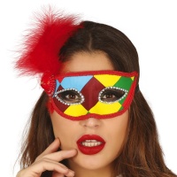 Masque de arlequin multicolore avec plume