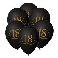 Ballons en latex noirs avec numéro 18 doré Joyeux Anniversaire de 23 cm - 6 unités