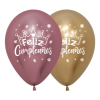 Ballon en latex Joyeux Anniversaire fille avec couronne de 30 cm - Sempertex - 12 unités