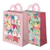 Sac cadeau de 32 x 26 x 10 cm de Bonne fête maman et fleurs - 12 unités