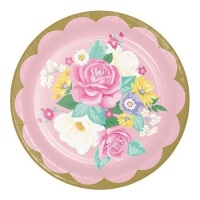 Assiettes florales avec bord doré de 22 cm - 8 unités