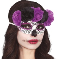 Masque de Catrina avec fleurs noires et lilas