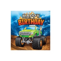 Serviettes Monster Trucks Joyeux Anniversaire de 16,5 x 16,5 cm - 16 unités