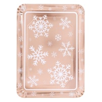 Plateau rectangulaire rose doré métallisé avec flocons de neige de 25 x 34 cm - 1 unité