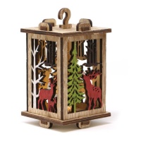 Lanterne de Noël en bois avec rennes et arbres, éclairée par LED de 15 cm