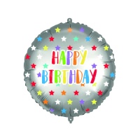 Ballon rond Happy Birthday avec étoiles multicolores de 46 cm - Procos