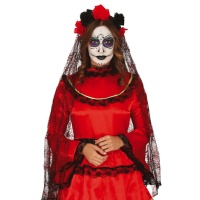 Serre-tête avec voile de fleurs rouges et noires de Catrina