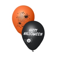 Ballons en latex avec toiles d'araignées et araignées Happy Halloween de 23 cm - 6 unités