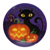 Assiette de citrouille et chat d'Halloween de 22 cm - 6 unités