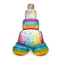 Ballon de gâteau Joyeux Anniversaire arc-en-ciel avec base de 72 cm - Folat