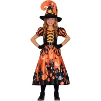 Costume de sorcière de château hanté orange pour fille