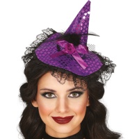 Serre-tête mini chapeau de sorcière lilas avec noeud et dentelle