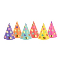 Chapeaux de fête avec pois de couleurs assorties - 6 unités