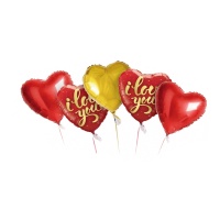 Bouquet de ballons en forme de coeurs rouges I love you - 5 unités