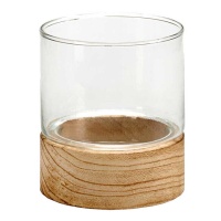 Bougeoir en verre avec base en bois de 10 x 11 cm - Giftdecor