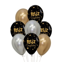 Ballons de latex biodégradable assortis Joyeux Anniversaire étoiles de 30 cm - Sempertex - 8 unités