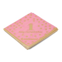 Serviettes pour premier anniversaire en rose de 16,5 x 16,5 cm - 12 unités