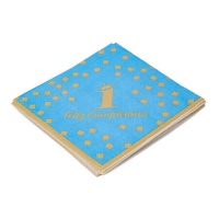 Serviettes pour le premier anniversaire bleu de 16,5 x 16,5 cm - 12 unités