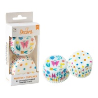 Capsules pour cupcakes blanches avec papillons et pois colorés - Décorez - 36 unités