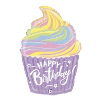 Ballon cupcake Joyeux Anniversaire en couleurs pastel de 69 cm - Grabo