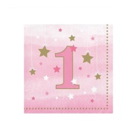 Serviettes du premier anniversaire rose de 12,5 x 12,5 cm - 16 unités