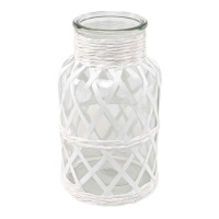 Bougeoir en verre et raphia blanc de 14 x 26 cm - Dcasa