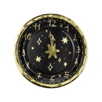 Assiettes Horloge du Nouvel An noir et doré de 18 cm - 6 unités