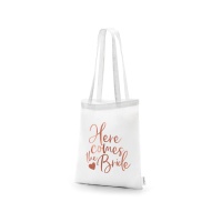 Sac en toile blanche Here Comes The Bride de 39 x 42 cm - 1 unité