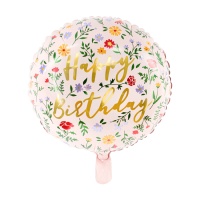 Ballon rond Joyeux Anniversaire avec fleurs de 35 cm - PartyDeco