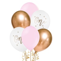 Ballons en latex pour le premier anniversaire d'une fille de 30 cm - PartyDeco - 6 unités