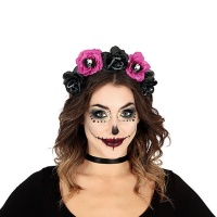 Serre-tête de Catrina avec des fleurs lilas et noires et des crânes