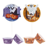 Capsules pour cupcakes avec picks d'Halloween effrayants - 24 unités